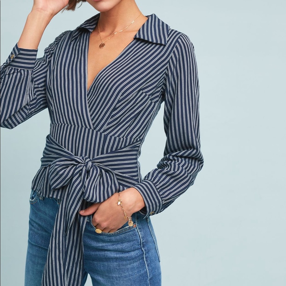 Maeve Fiorina Tie Front Navy stripes blouse